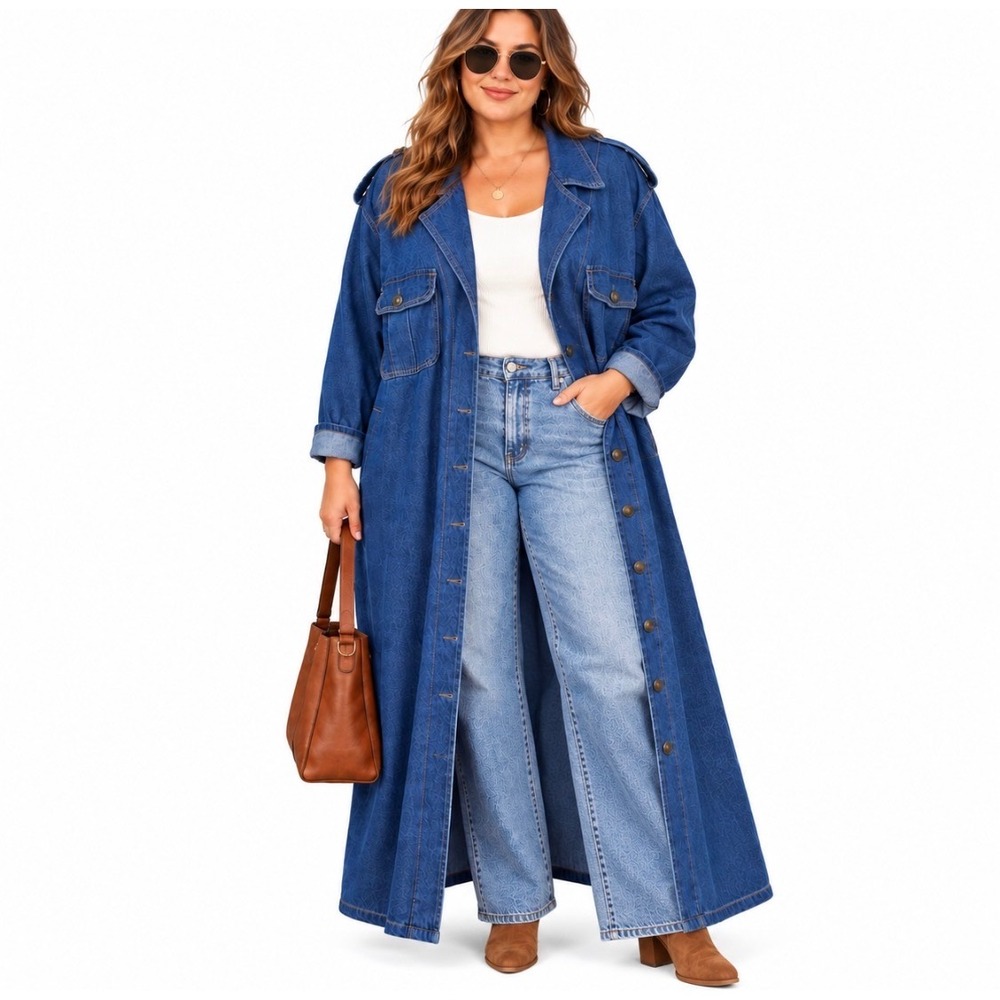 Vintage Womens Denim Trench Coat Jacket Size 3X Longline Duster Button Up Blue